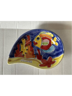 Vintage Hand Painted Signed Italian La Musa Dish With Fish Design, Antique Art